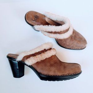 Söfft Brown Leather Shearling Sherpa Lined Slip On Mule Block Heel Pump Size 8.5
